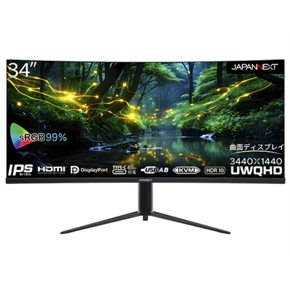 JAPANNEXT 液晶ディスプレイ/34型/3440×1440/DP×1、HDMI×1、USB Type-C×1/ブラック/スピーカー：有 JN-IPSC34UWQHDR-C65W-H