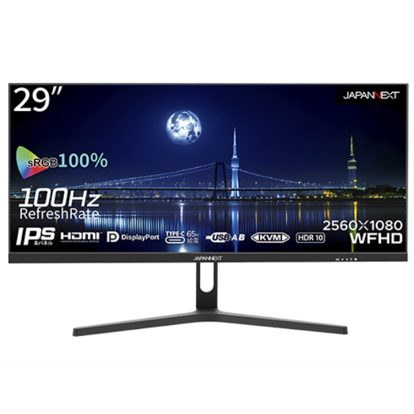 JAPANNEXT 液晶ディスプレイ/29型/2560×1080/DP×1、HDMI×1、USB Type-C×1/ブラック/スピーカー：有 JN-IPS291WFHDR-C65W