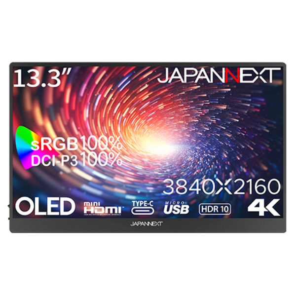 JAPANNEXT 有機ELディスプレイ 13.3型/3840×2160/HDMI、USB-C×2/ブラック/スピーカー有/1年保証 JN-MD-OLED133UHDR