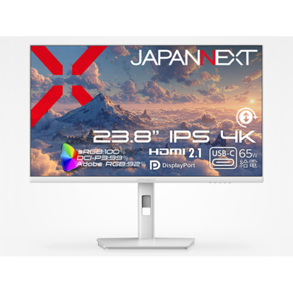 JAPANNEXT 液晶ディスプレイ 23.8型/3840×2160/HDMI×1、DP×1、USB-C×1/ホワイト/スピーカー無/2年保証 JN-IPS238U-HSPC6-W