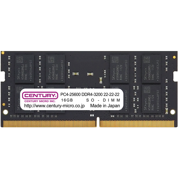 センチュリーマイクロ ﾉｰﾄPC用 PC4-25600/DDR4-3200 16GB 260pin Unbuffered_Non-ECC_SO-DIMM 1.2v 2r CB16G-SOD4U3200: