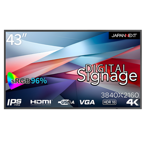 JAPANNEXT サイネージディスプレイ 43型/3840×2160/HDMI×3、USB×1/ブラック/スピーカー：有 JN-Si43UHDR-24: