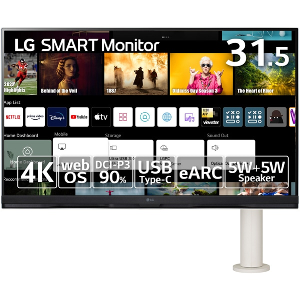 LG Electronics Japan スマートモニター31.5型/3840×2160/HDMI、USB Type-C(65W/スピーカー/WebOS22搭載/LAN/アーム型 32SQ780S-W: