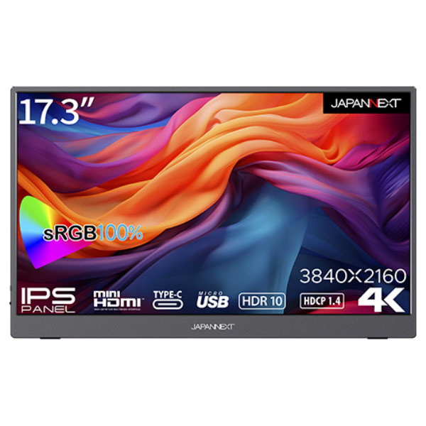 JAPANNEXT 液晶ディスプレイ 17.3型/3840×2160/HDMI×1、USB-C×2/ブラック/スピーカー/1年保証 JN-MD-IPS173UHDR: